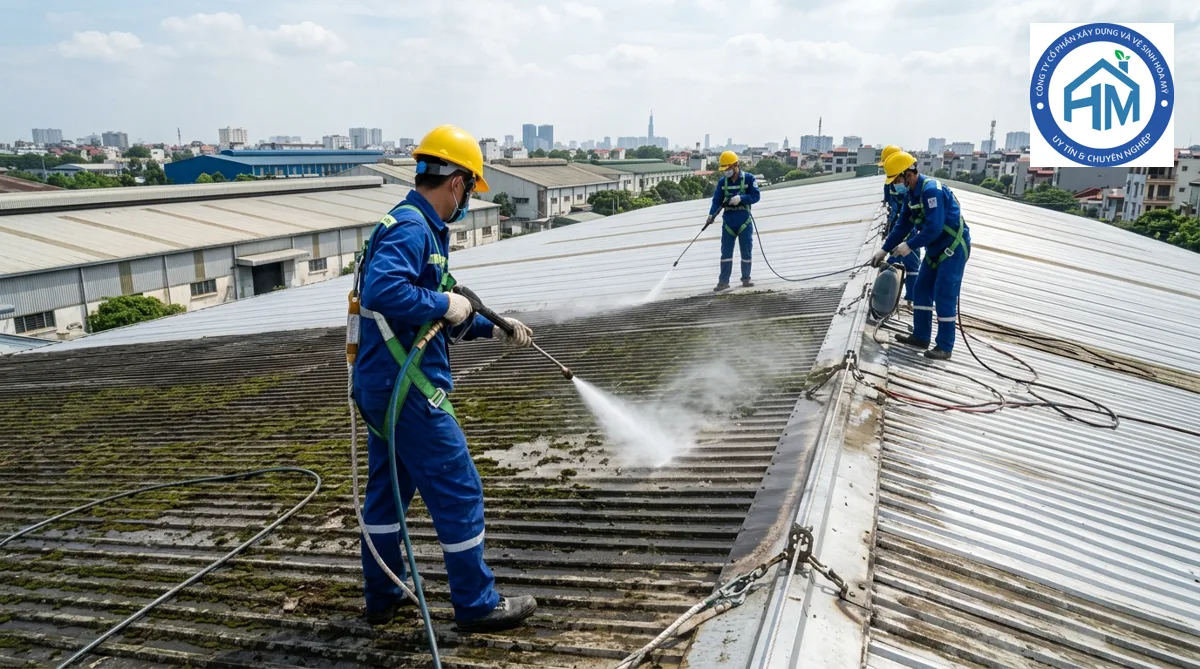 Đội ngũ kỹ thuật viên Hòa Mỹ JSC vận hành máy xịt rửa áp lực cao tẩy rêu mốc mái tôn nhà xưởng tại Hà Nội